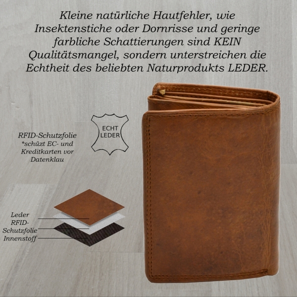 flevado Herrengeldbörse mit Druck Label Love,Loyalty, Friendship und RFID Schutz Echtes Leder Braun